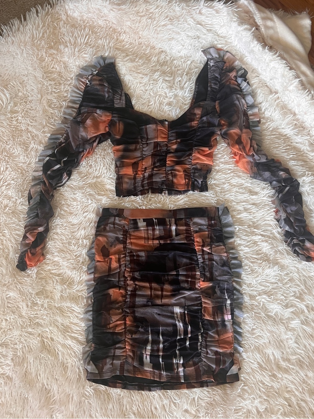 Ruched Two-Piece Skirt Set in Black and Rust-Orange